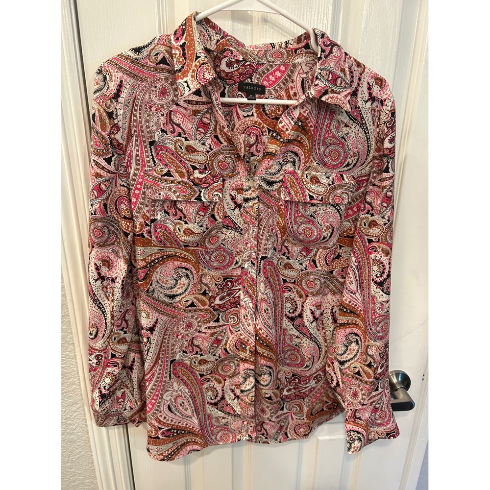 Talbots Button Down Shirt Pink Paisley Long Sleeve Collared Blouse Pockets M